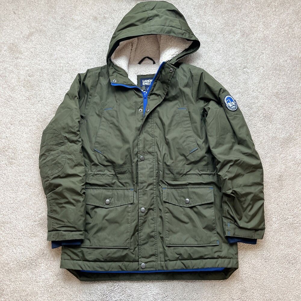 Lands End Expedition Down Parka Jacket Boys Large 14H-16H Olive Green Sherpa